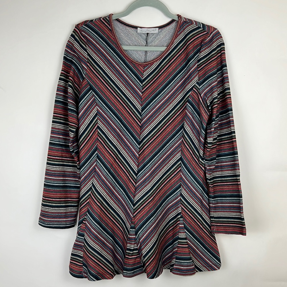 KAREN HART tunic striped blouse red, blue, and gray with scoop neck M - Picture 1 of 6
